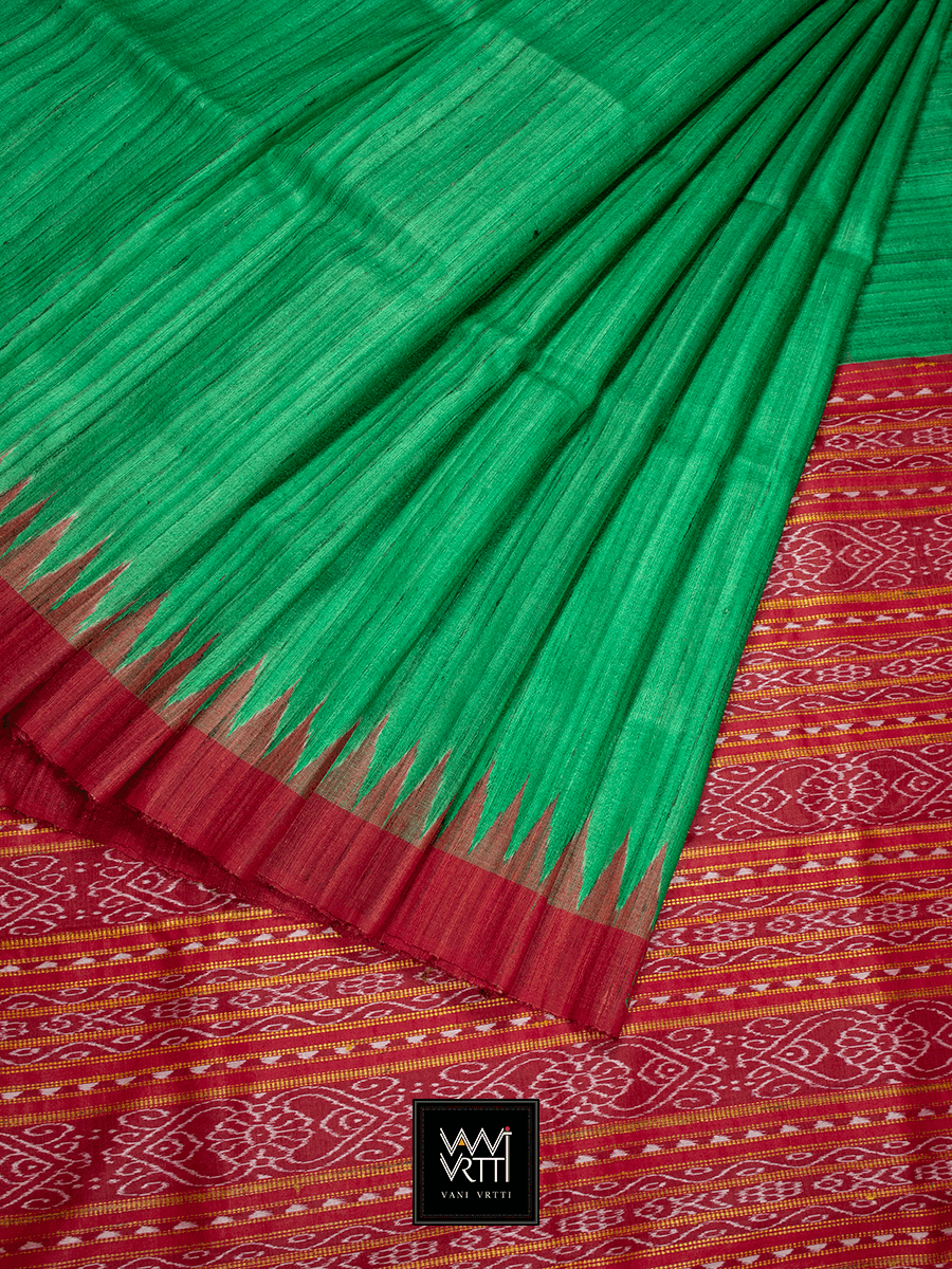 Green Red Ikkat Traditional Gopalpur Ghicha Tussar Silk Saree