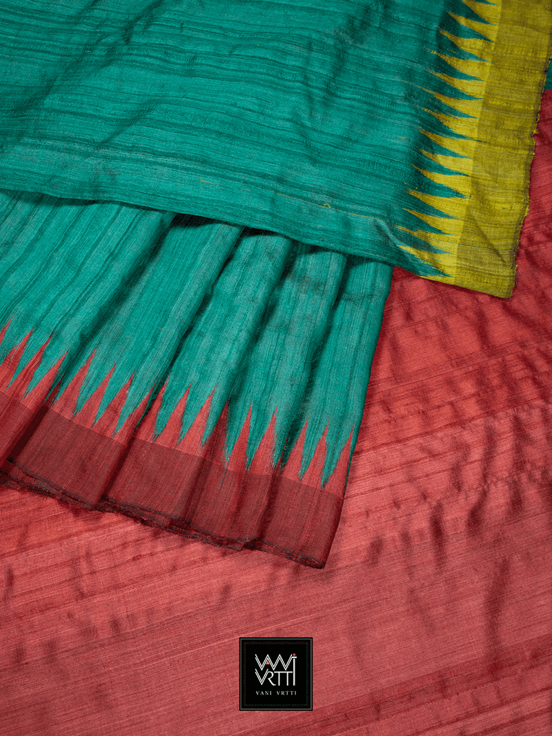 Emerald Green Red Antara Khadi Tussar Silk Saree