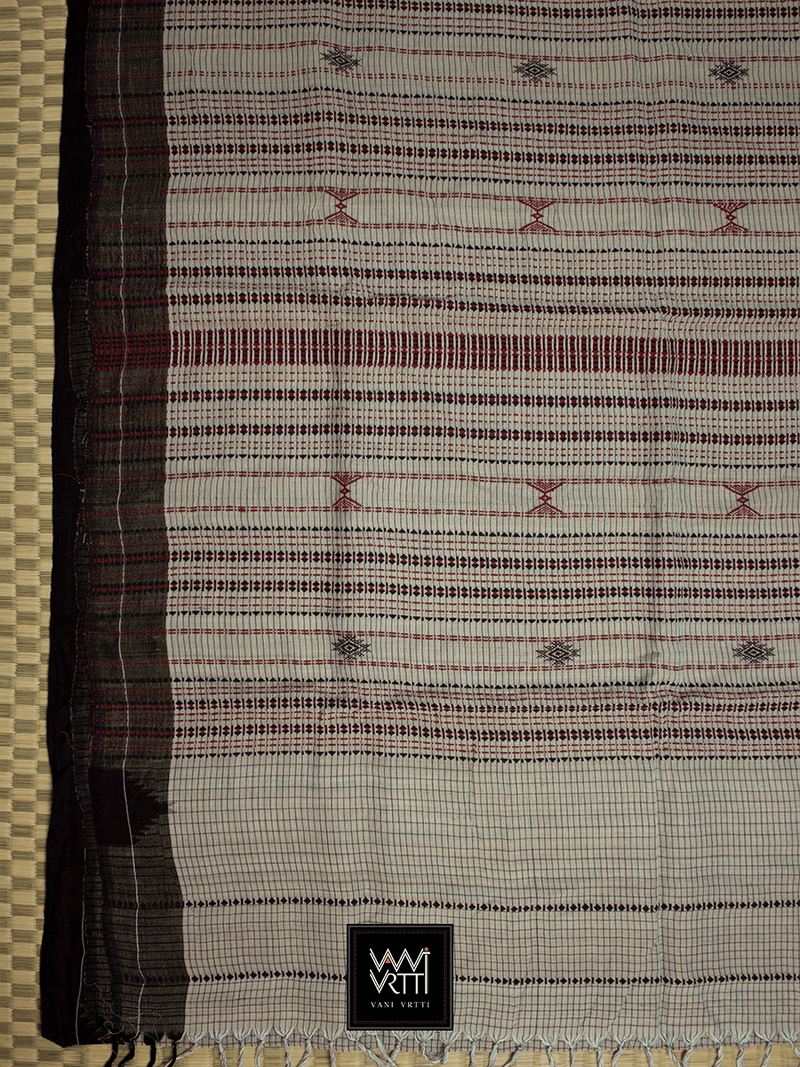 Off White Black Natural Dyed Phoda Kumbha Handwoven Cotton Tussar Kotpad Saree