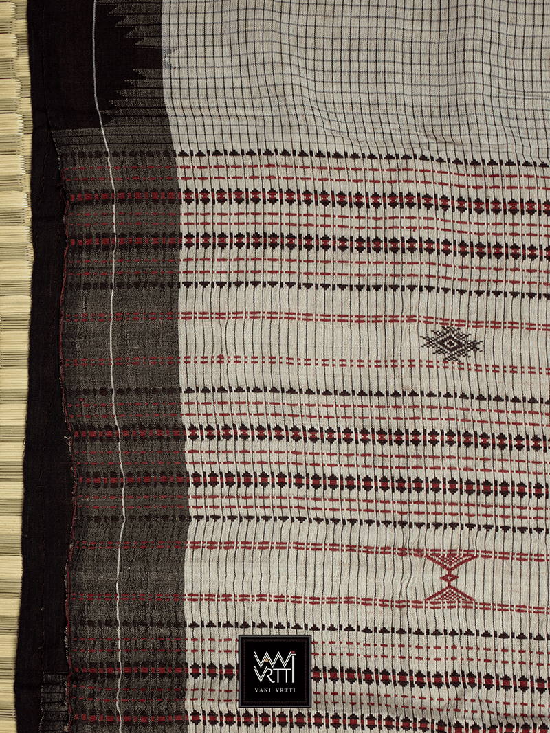 Off White Black Natural Dyed Phoda Kumbha Handwoven Cotton Tussar Kotpad Saree