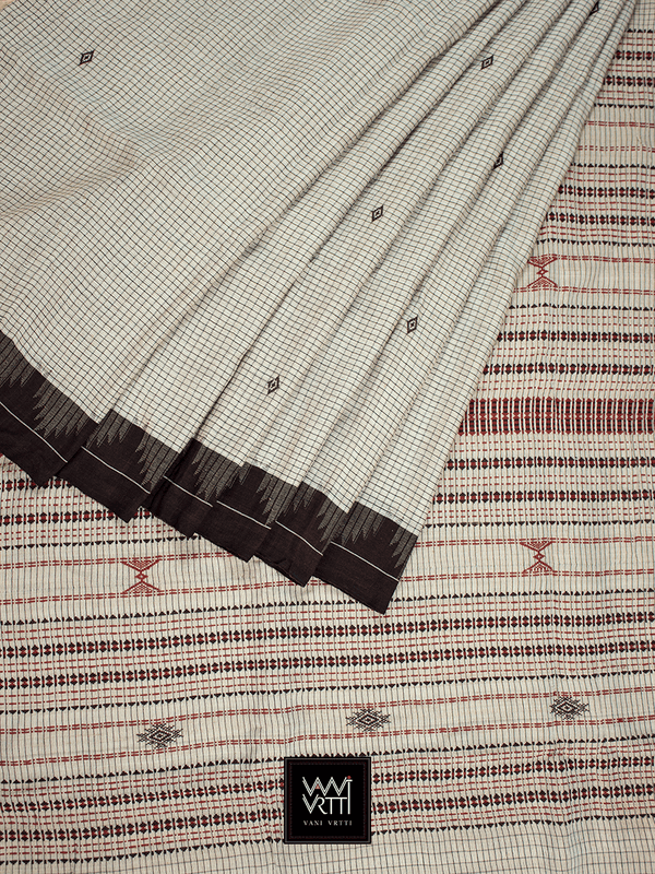 Off White Black Natural Dyed Phoda Kumbha Handwoven Cotton Tussar Kotpad Saree