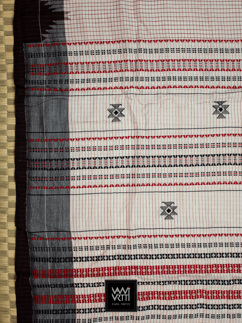 Off White Black Natural Dyed Phoda Kumbha Handwoven Cotton Kotpad Saree