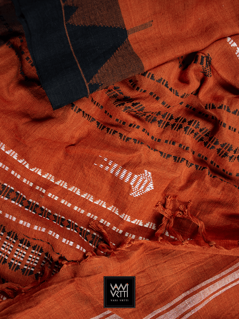 Rust Orange Black Natural Dyed Phoda Kumbha Handwoven Cotton Kotpad Saree
