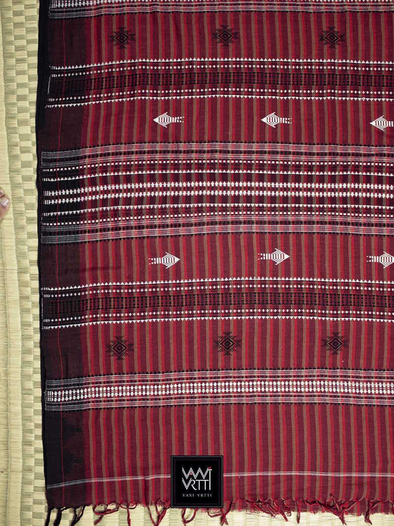 Madder Red Black Striped Natural Dyed Phoda Kumbha Handwoven Cotton Kotpad Saree