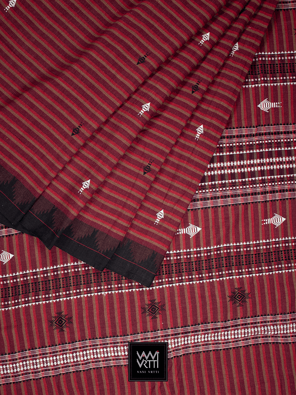 Madder Red Black Striped Natural Dyed Phoda Kumbha Handwoven Cotton Kotpad Saree