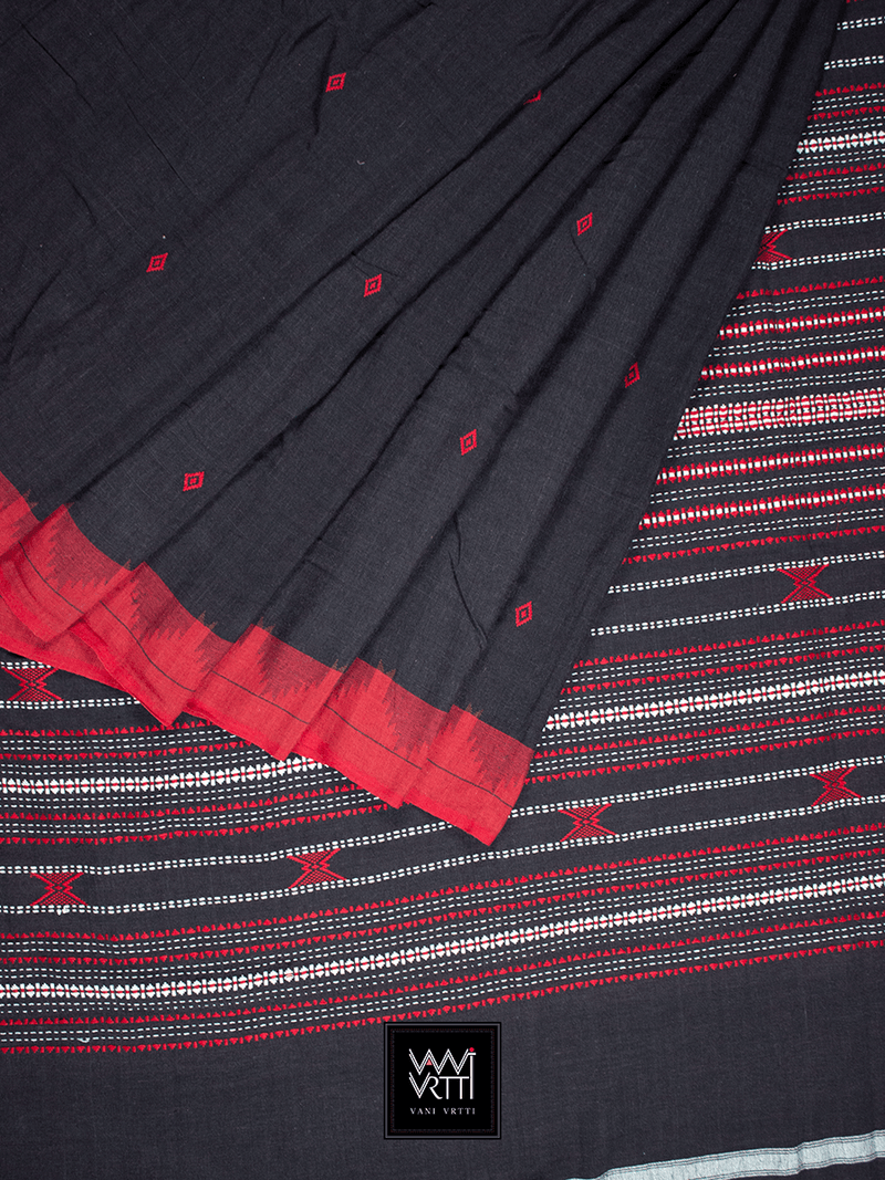 Black Red Natural Dyed Phoda Kumbha Handwoven Cotton Kotpad Saree