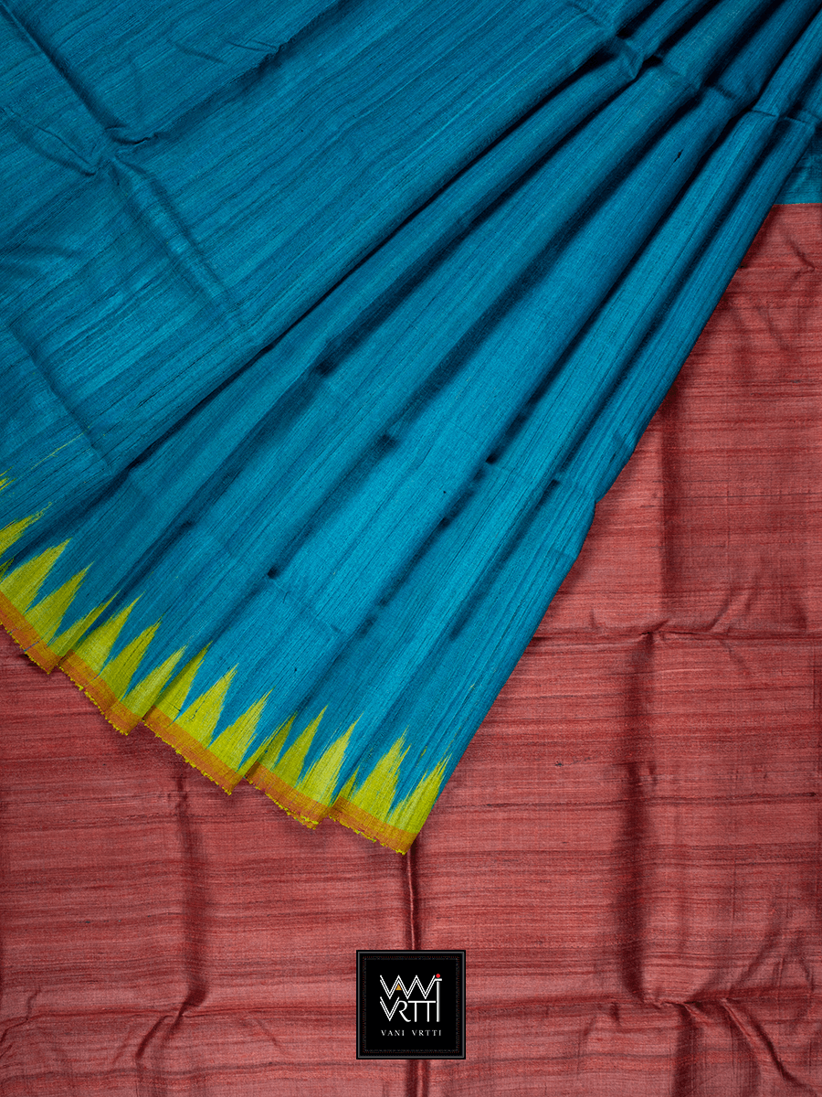 Peacock Blue Yellow Antara Khadi Tussar Silk Saree