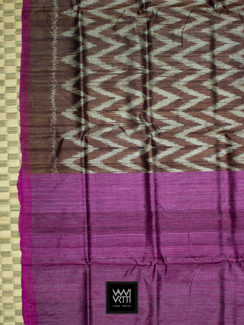 Brown Magenta Aziz Ikat Handspun Tussar Silk Saree