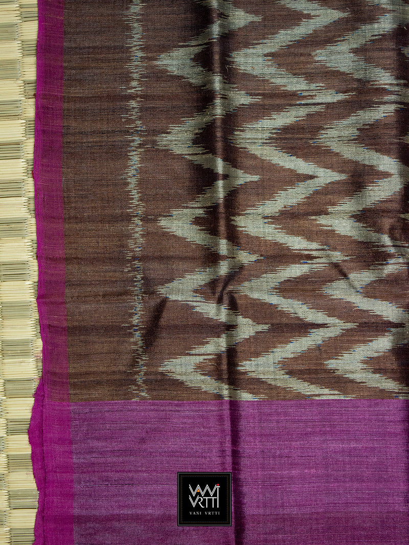 Brown Magenta Aziz Ikat Handspun Tussar Silk Saree