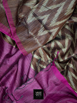 Brown Magenta Aziz Ikat Handspun Tussar Silk Saree