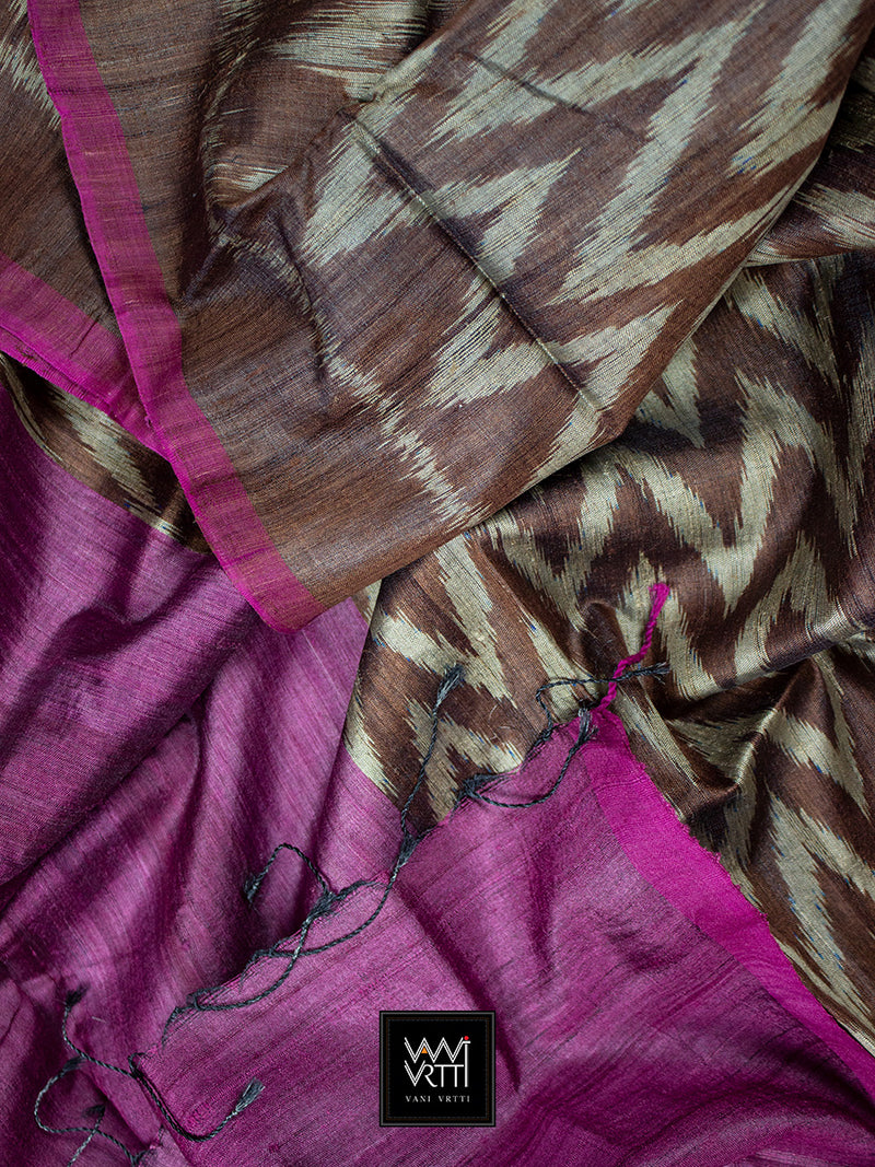 Brown Magenta Aziz Ikat Handspun Tussar Silk Saree