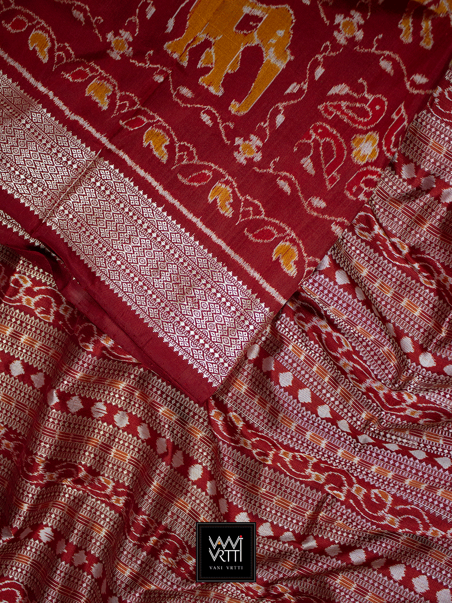 Maroon Naba Jeeba Master Weave Sambalpuri Ikat Mulberry Silk Saree