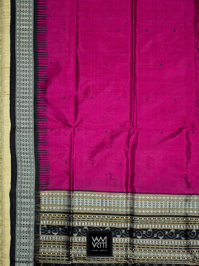 Deep Pink Black Traditional Bomkai Mulberry Silk Saree