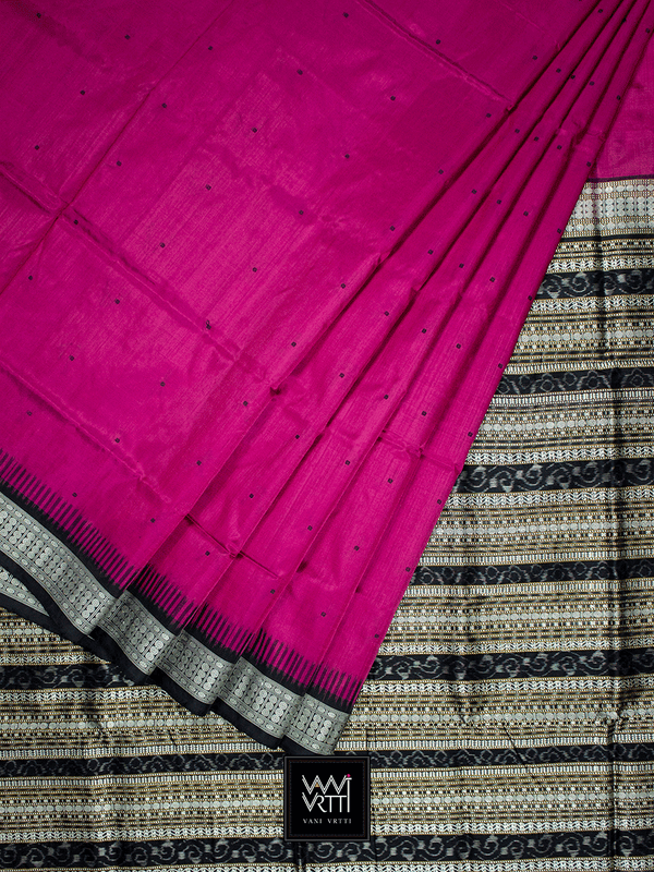 Deep Pink Black Traditional Bomkai Mulberry Silk Saree