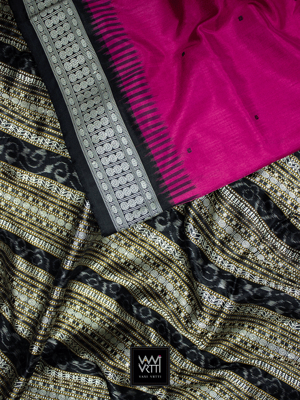 Deep Pink Black Traditional Bomkai Mulberry Silk Saree