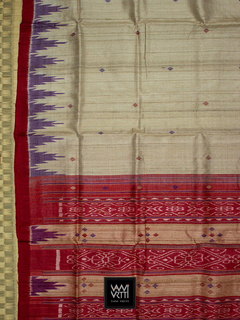 Off White Purple Red Nadi Khadi Tussar Silk Saree