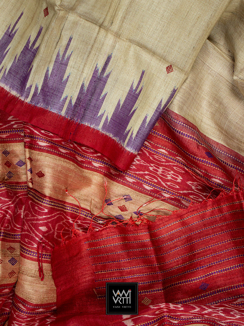 Off White Purple Red Nadi Khadi Tussar Silk Saree