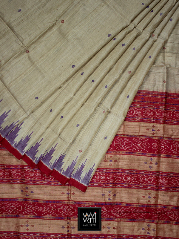 Off White Purple Red Nadi Handspun Tussar Silk Saree