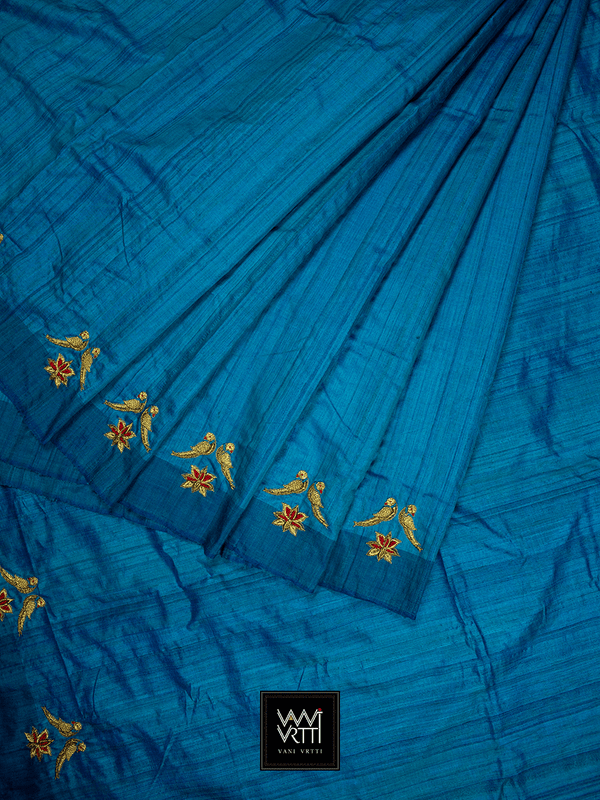 Peacock Blue Lotus Parrot Noor Zardozi Tussar Silk Saree
