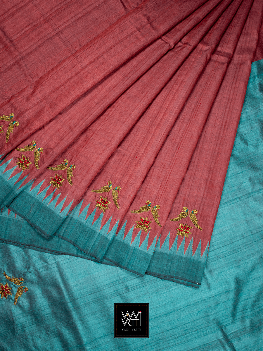 Red Turquoise Ikkat Lotus Parrot Noor Zardozi Tussar Silk Saree