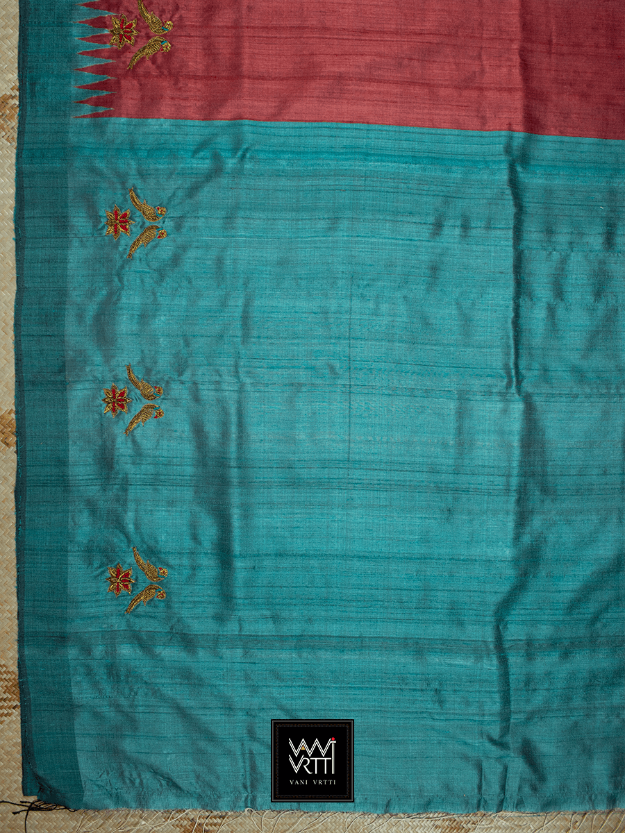 Red Turquoise Ikkat Lotus Parrot Noor Zardozi Tussar Silk Saree