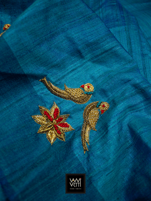 Peacock Blue Lotus Parrot Noor Zardozi Tussar Silk Saree