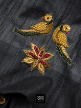 Black Lotus Parrot Noor Zardozi Tussar Silk Saree