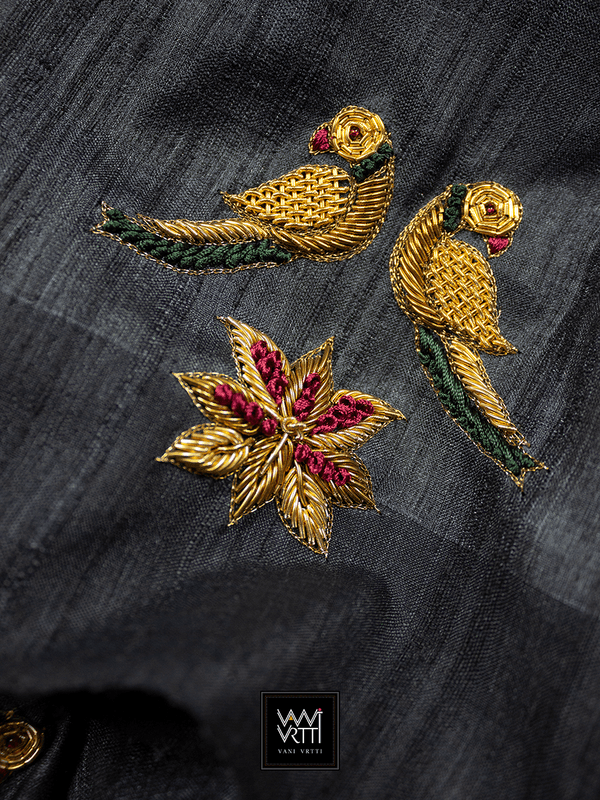 Black Lotus Parrot Noor Zardozi Tussar Silk Saree