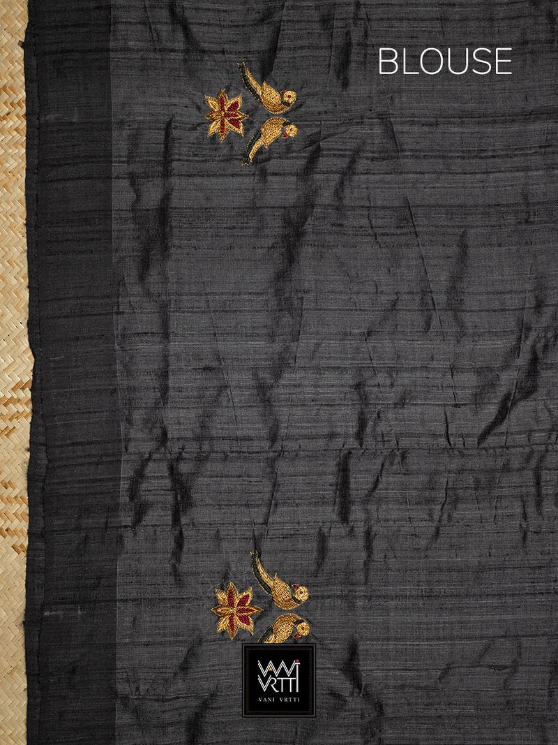 Black Lotus Parrot Noor Zardozi Tussar Silk Saree